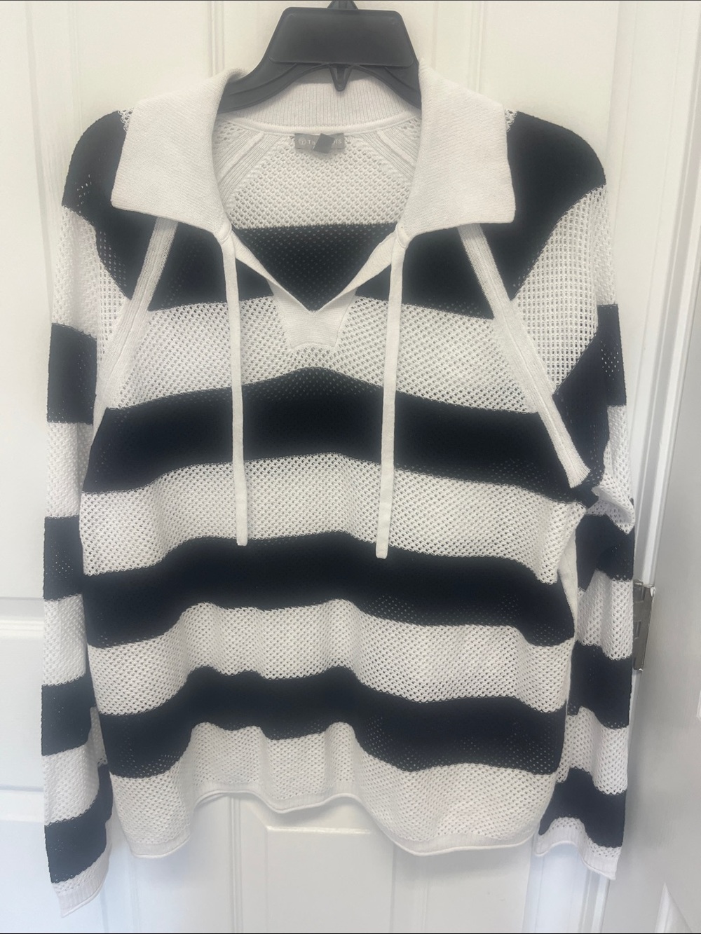Striped Black & White Open-Knit Collared Sweater